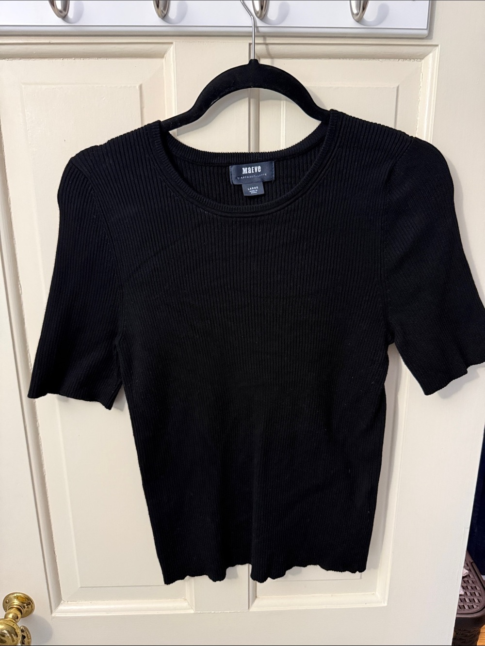 Maeve Black Ribbed Short Sleeve Top